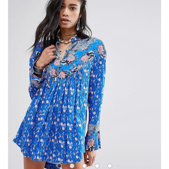 Free People Wildflower Fields Blue Orange Floral Tunic Top Sz S Bell Sleeve - Picture 10 of 12